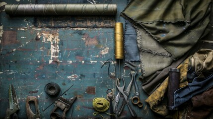 An artisanal display of sewing essentials and various industrial fabrics with rich textures, capturing the timeless craftsmanship of tailoring on a vintage workbench.