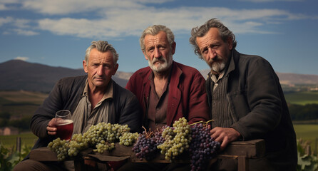Elderly winemakers appreciating their work. Wine lovers. Neutral background.