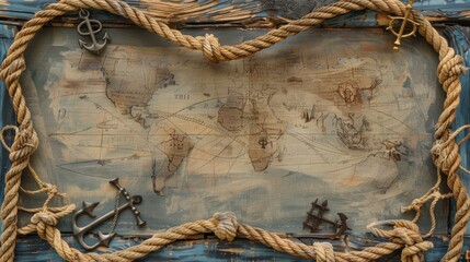 A rustic maritime-themed display, featuring a nautical map encircled by sturdy ropes and anchors,...