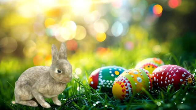 easter bunny and easter eggs on green grass video background looping 4k quality