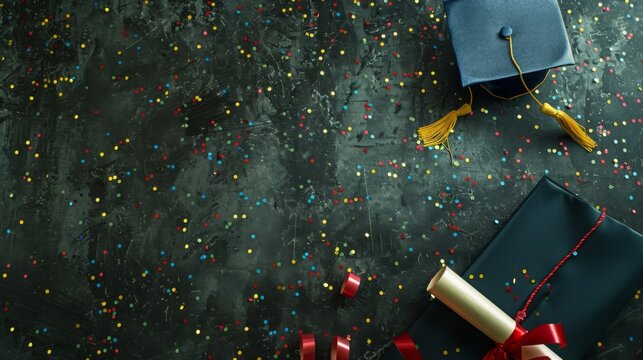 A festive flat lay of graduation caps and diplomas set against a rich green background, sprinkled with gold stars, symbolizing achievement and commencement festivities with copy space for text.