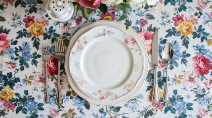 An elegant Easter brunch table setting featuring vintage floral plates and silverware, all laid upon a vibrant floral tablecloth, ready for a springtime feast.