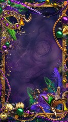 Lavish Mardi Gras masks adorned with feathers and beads create a luxurious frame on a purple backdrop, ready to encapsulate festive moments and celebrations. Flat lay, top view, copy space.