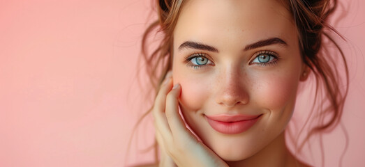 Natural beauty. Young woman with a glowing complexion and a natural makeup look, showcasing flawless skin and a gentle touch to her face	 - obrazy, fototapety, plakaty
