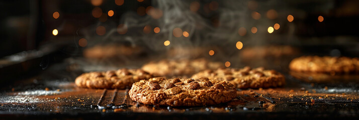 Cookies with chocolate on a wooden background top view free space for your text
 - obrazy, fototapety, plakaty