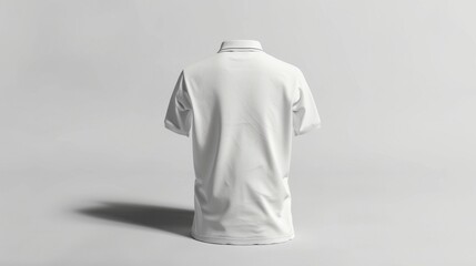 An HD image capturing the elegance of a blank white polo T-shirta??s silhouette, back view, with a shadow on a white surface
