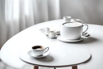 Fototapeta na wymiar cup of coffee on white round table in minimalism style