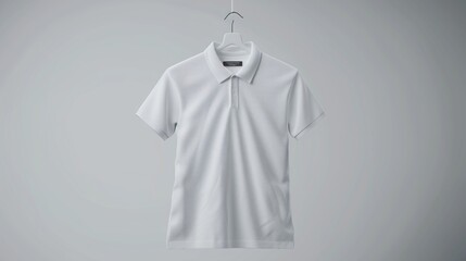 An HD, vibrant image of a white polo T-shirt hanging on an invisible hanger, front view, with a solid white background
