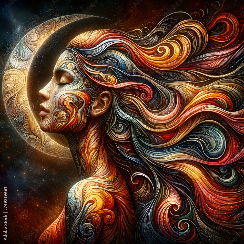 Poster an artistic portrait of a woman in profile. the image features intricate patterns and designs swirli