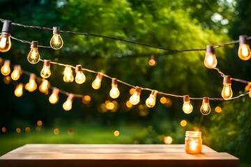 outdoor party string lights hanging in backyard on green bokeh background with copy space - Powered by Adobe