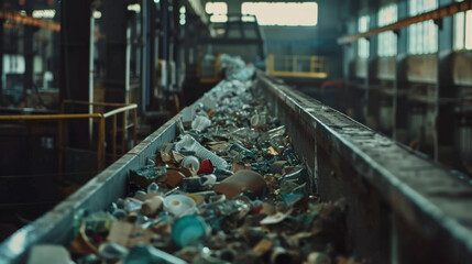 A conveyor belt carries a plethora of materials, ready for sorting at a bustling recycling plant