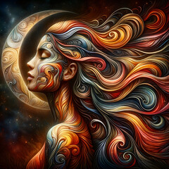 an artistic portrait of a woman in profile. The image features intricate patterns and designs swirling over her skin, in a range of warm colors