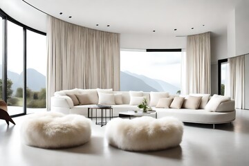 Luxurious Minimalism: Fluffy Sheepskin Poufs and Curved Sofa in Villa Living Room