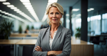 Fototapeta premium Portrait of successful business woman inside office, standing with arms crossed
