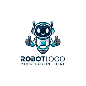 cute friendly robot mascot with thumbs up pose. minimalist logo template design. vector