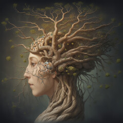 Plant with female face, woman and plant in symbiosis, human plant, fantasy and fairy tale, trunk of a tree with intertwining branches. Wisdom. ai generative
- 749319803