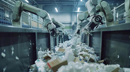 Automated recycling facility where robotic arms meticulously sorts recyclables. Intersection of technology and sustainability, efficiency in waste management - obrazy, fototapety, plakaty