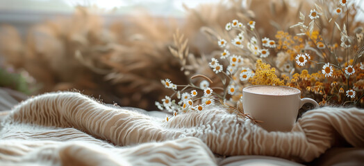 Cozy Morning - Coffee and Knitting by the Window. Cup of coffee on a rustic table with a cozy knitting project, smartphone, and fresh flowers.