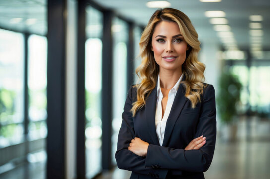 Portrait of successful business woman inside office, standing with arms crossed