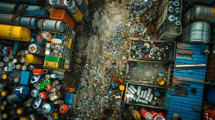 Bird's-eye view of a sprawling scrapyard with assorted metal drums, containers, and various recyclable debris