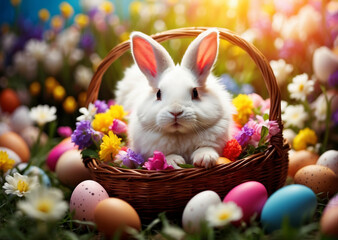 Easter theme with Easter bunny and eggs inside the basket in natural background 