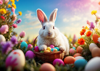 Easter theme with Easter bunny and eggs inside the basket in natural background 