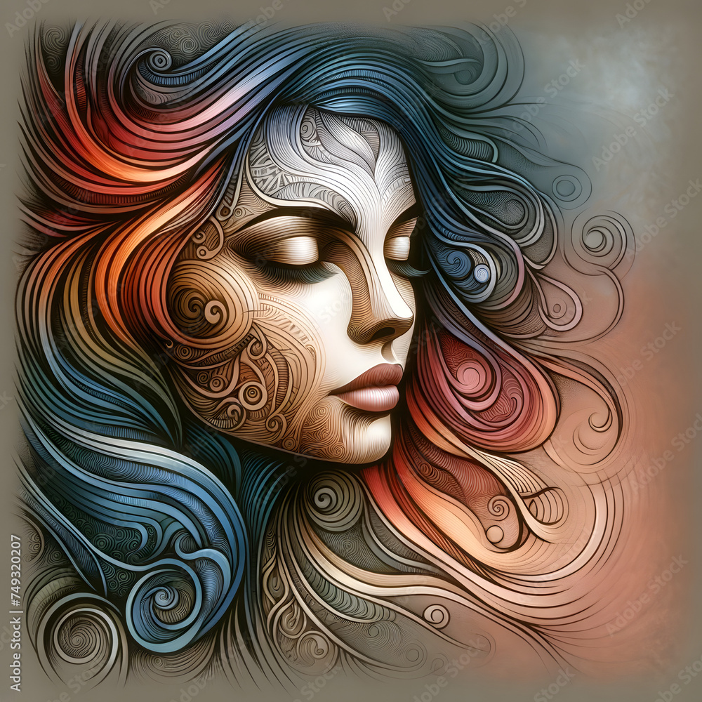 Poster an artistic portrait of a woman with her eyes closed in a serene expression. her face is adorned wit