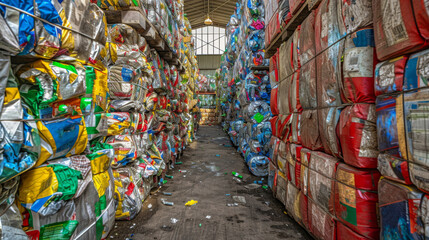 A colorful array of compacted recyclables tightly bundled, ready for the next step in the recycling process