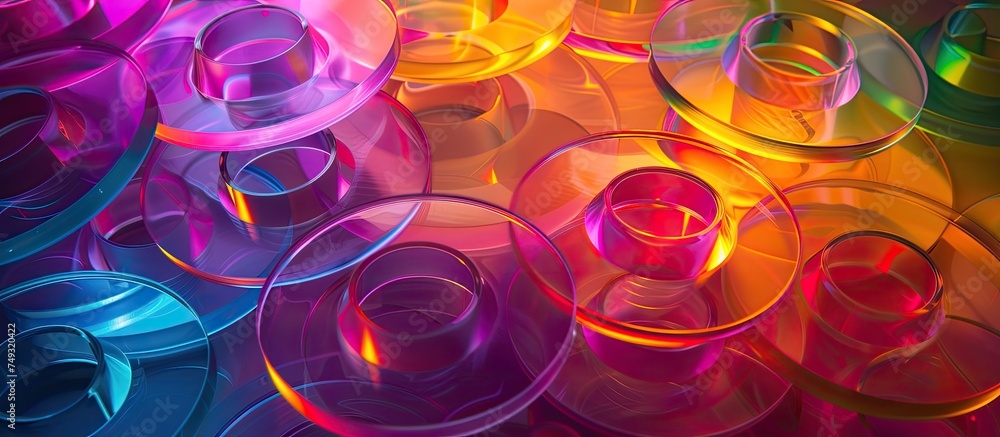 Poster a group of different colored glasses stacked on top of each other, creating a vibrant and decorative