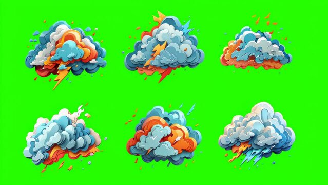 Green screen animation icon of six animated, colorful clouds on a bright green background. Each cloud is intricately designed with a mix of colors including white, grey, orange, and blue