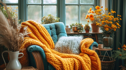 Creative Space with Vintage Camera and Cozy Knits and Blurred Background - obrazy, fototapety, plakaty