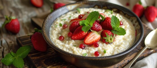 Obraz na płótnie Canvas A bowl filled with oatmeal topped with fresh strawberries and mint leaves, creating a colorful and appetizing breakfast or snack option.
