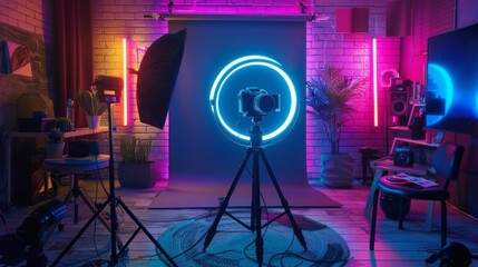 Professional ring light setup in vibrant studio at night