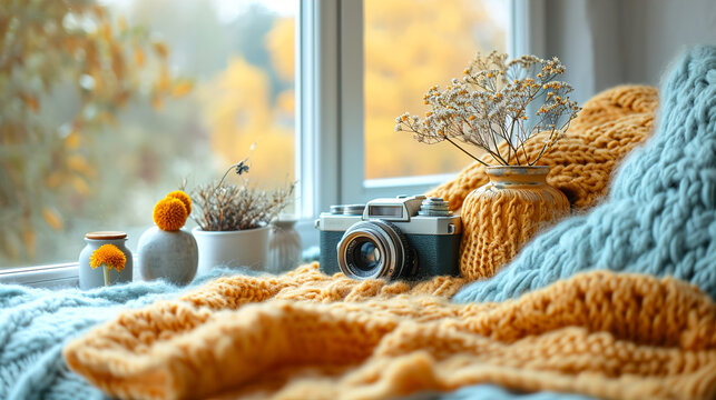 Creative Space with Vintage Camera and Cozy Knits and Blurred Background
