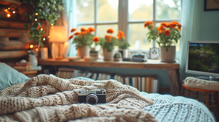 Creative Space with Vintage Camera and Cozy Knits and Blurred Background