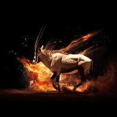 Cute wild animal oryx, isolated black background. Power of blazing fire flame. Generative ai.