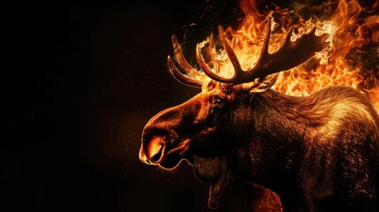 Cute wild animal moose, isolated black background. Power of blazing fire flame. Generative ai.