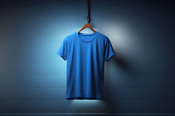 Naklejka premium blue light color t-shirt hanging on dark wall mock up. 3d illustration