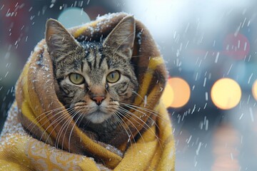 An artistically rendered anthropomorphic cat dressed as a homeless tramp with a hat and scarf walks along an urban backdrop. - obrazy, fototapety, plakaty
