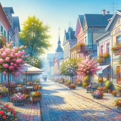 Quaint Town Street with Flowering Balconies Painting. Wallpaper , Wall art 
