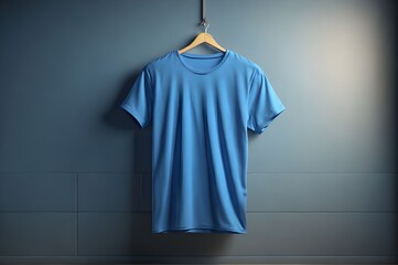Naklejka premium blue light color t-shirt hanging on Light brown wall mock up. 3d illustration