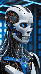 Fototapeta premium artificial intelligence scenery concept of a human android robot made of cogs and gears and wires in a server room, artificial intelligence, network, hardware, Digital threat, virus, cyber security