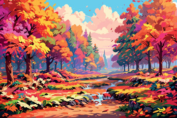 Autumn cartoon scene landscape with  trees