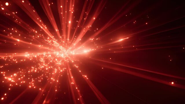 Radiating particles of red light from the center, a visual that evokes energy and motion
