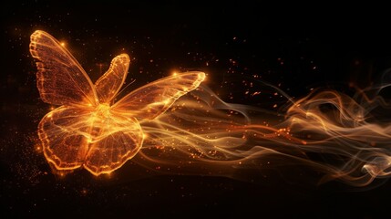 A dart moth appears ablaze, with its wings illuminated as if on fire, contrasting starkly against a dark, sparkling background. - obrazy, fototapety, plakaty