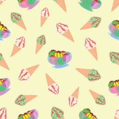 Enjoy an abundance of flavors and varieties of ice cream, dessert, confectioner, vector, illustration, isolated, background, art, food, jam, waffle cone, seamless pattern

