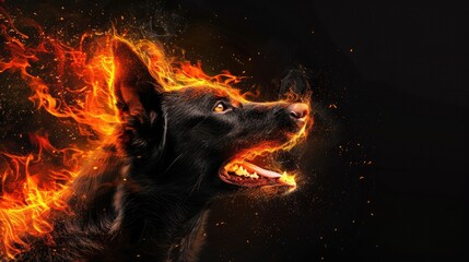 Cute wild animal dog, isolated black background. Power of blazing fire flame. Generative ai.