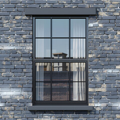 A black window with a brick wall and a building reflected on the glass.