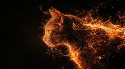 Fototapeta premium Cute wild animal cat, isolated black background. Power of blazing fire flame. Generative ai.