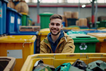 worker in recycling warehouse with yellow and green bins